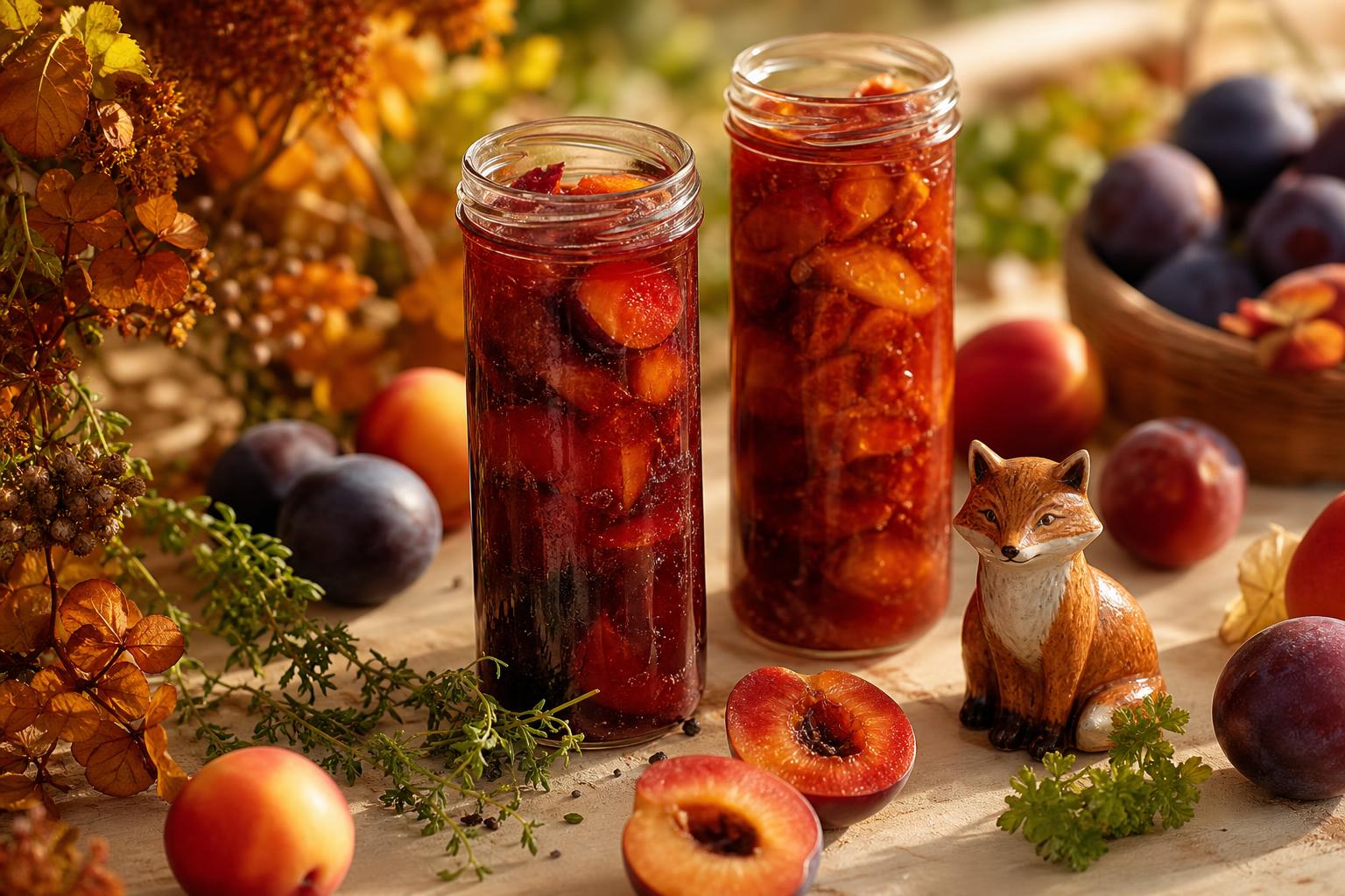 Jars of jewel-toned fruit compote with autumn fruit and a small ceramic fox on a warm tabletop